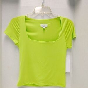 Live in the moment square neck shorts sleeves  tee chartreuse green blouse S: M